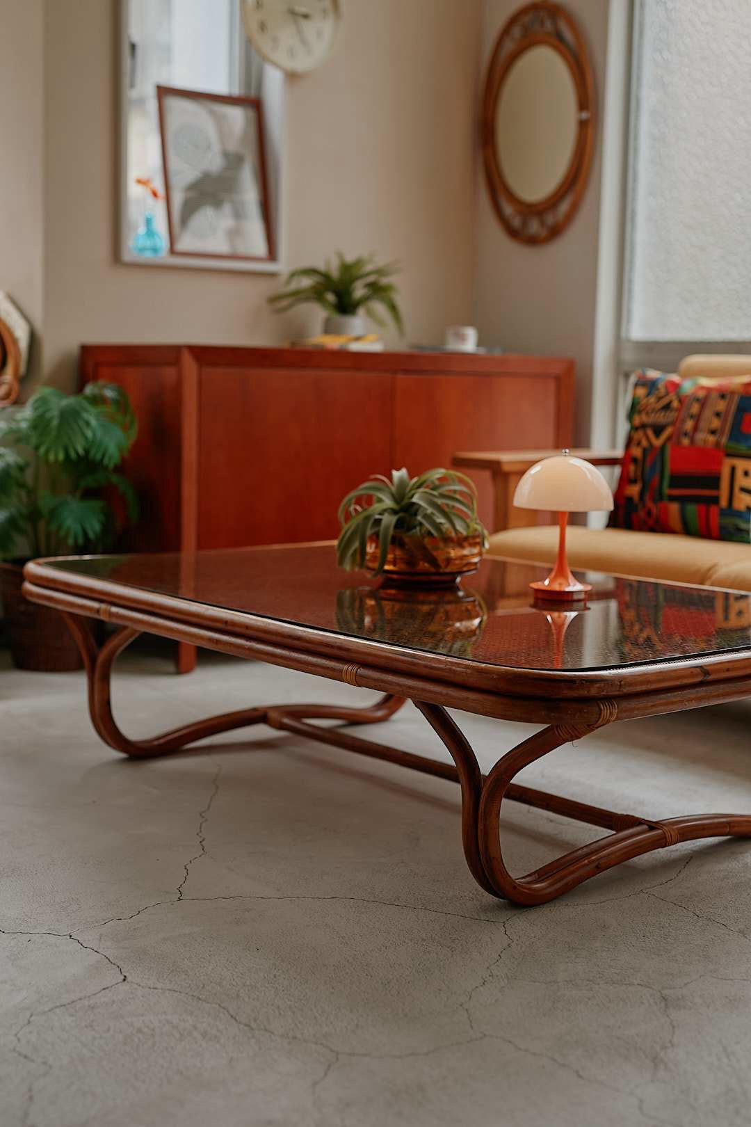 Rattan Wide Glass Low Table