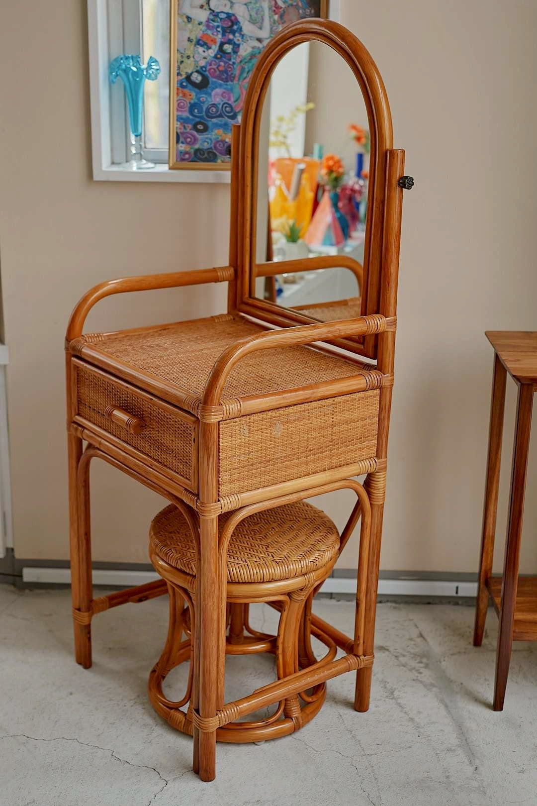 Rattan Arch Mirror Dresser Set