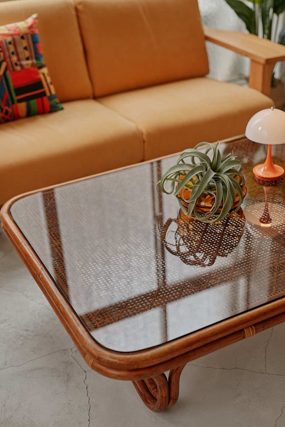 Rattan Wide Glass Low Table