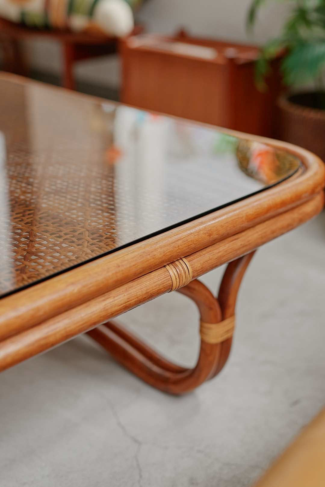 Rattan Wide Glass Low Table
