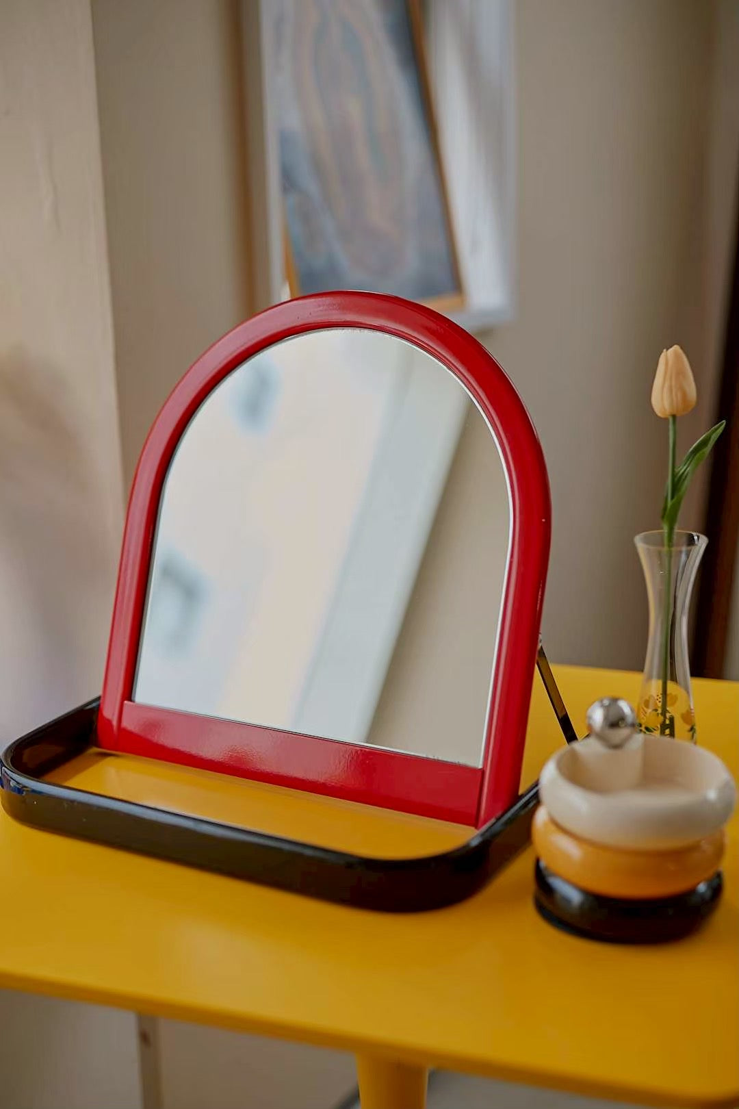 Red frame desk mirror