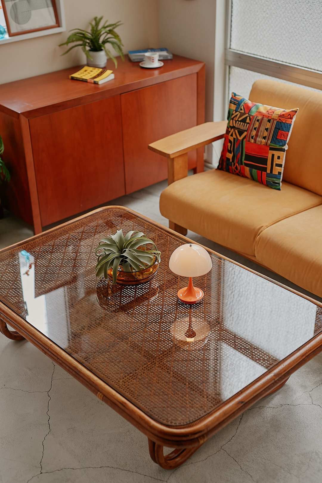 Rattan Wide Glass Low Table