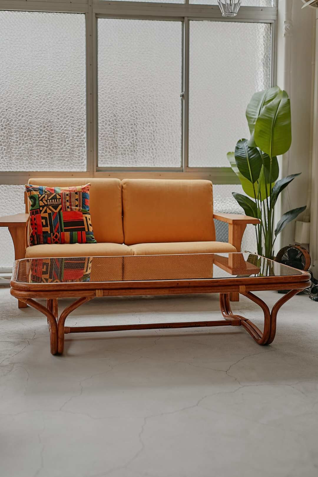 Rattan Wide Glass Low Table