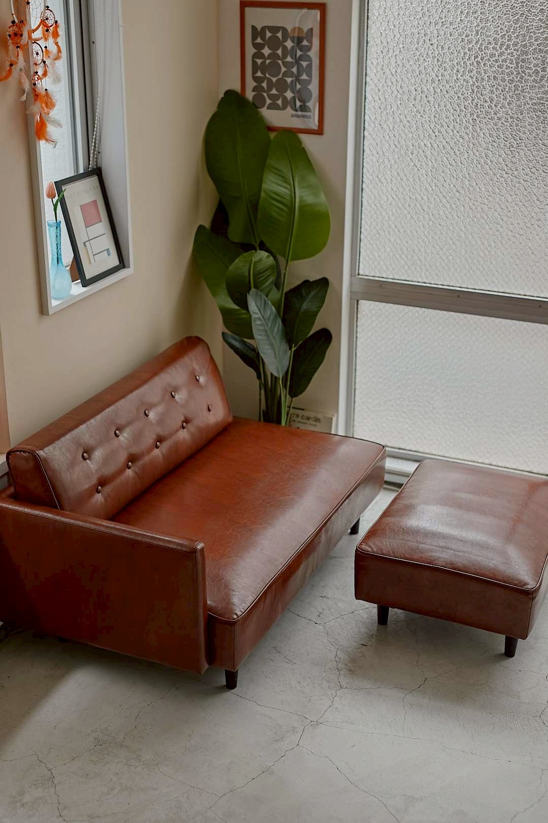 Vintage Brown Lounge Sofa & Ottoman
