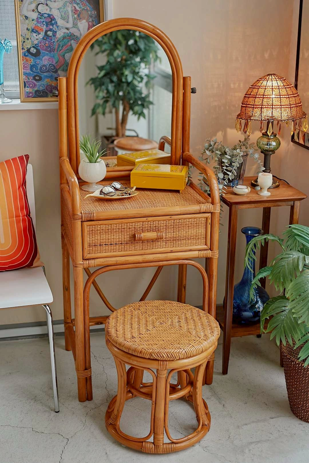 Rattan Arch Mirror Dresser Set