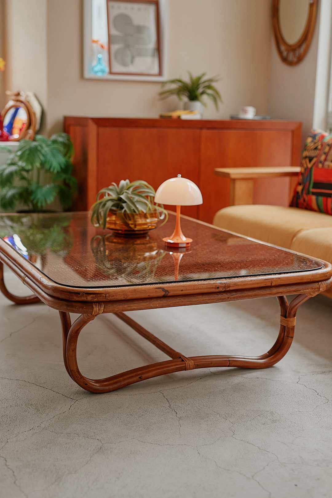 Rattan Wide Glass Low Table