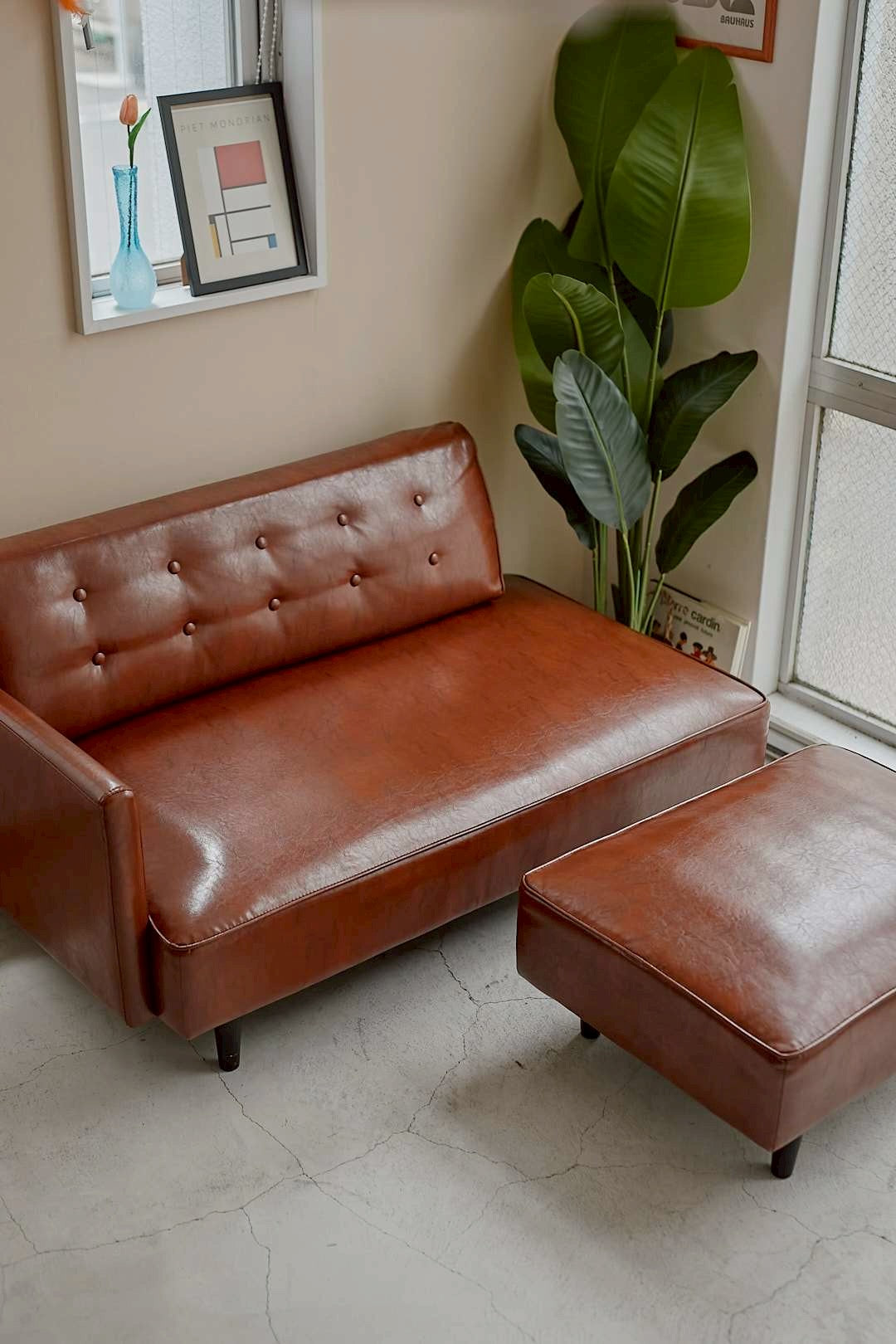 Vintage Brown Lounge Sofa & Ottoman